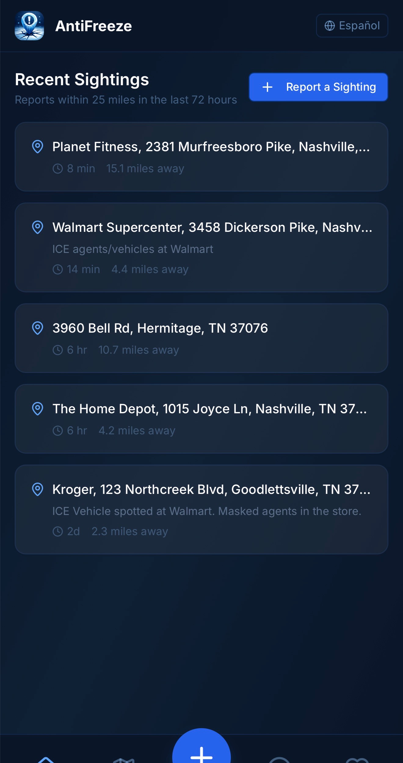 The AntiFreeze sightings feed showing recent ICE sighting reports within 25 miles.