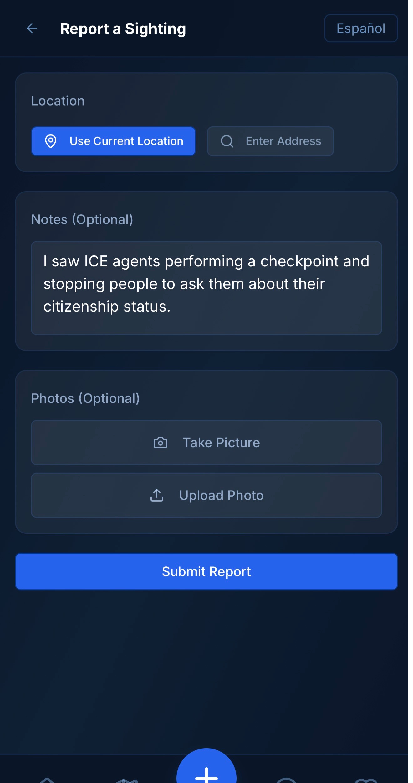 The AntiFreeze report page where users submit a new sighting.